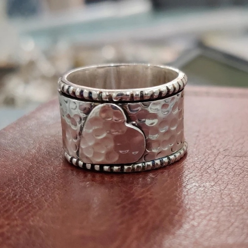 Boho Style Copper Spinner Ring with Heart Beige and K Enamel